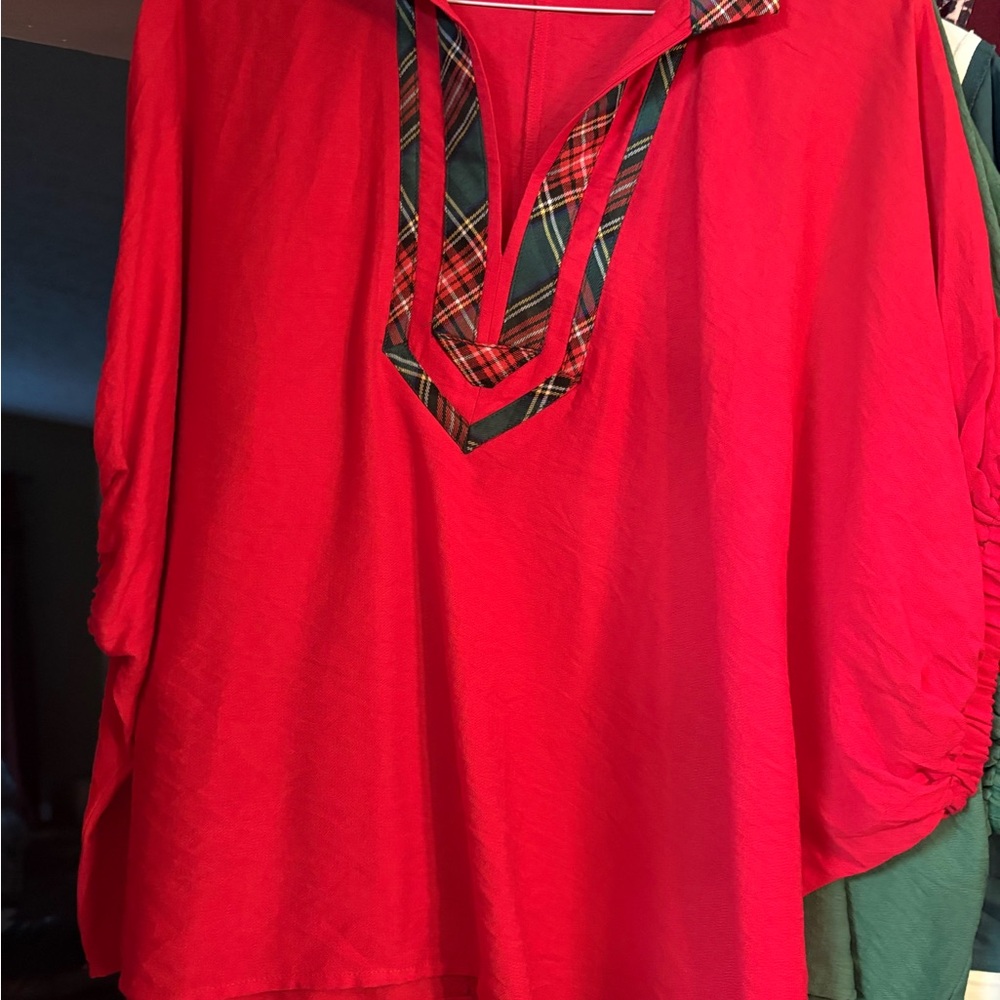 Entro Red Plaid Trim Top